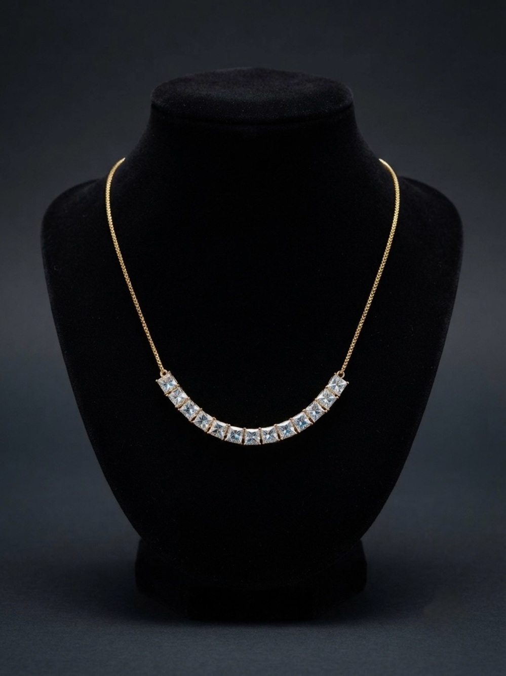 Princess Cut Curved Crystal Bar Frontal Necklace Gold Tone Box Chain - 17.5”